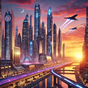 Cyber Dusk Poster Print - High-Quality Artwork Featuring Modern Cityscape and Futuristic Elements Decor Decoration Ornaments Artistic Room Wall Photo