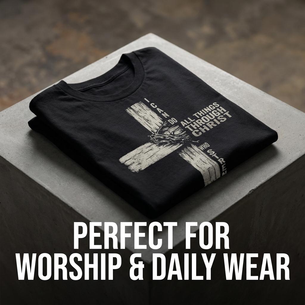 Double Sided Faith Quote Washed T-Shirt – Philippians 4:13 Christian Cross Graphic Tee Sports T-shirt, regular fit, casual and stylish T-shirt, suitable for everyday wear, a men's top suitable for all seasons.