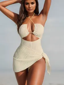 Women's Two-Piece Solid Color Ribbed One Piece Swimsuit, Elegant Fashion Casual Swimwear, Beach Vacation Conservative Style, Sexy Bikini Set + Short Skirt, Skirted Bathing Suit