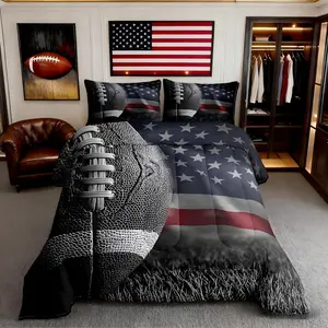 Boys American Flag and Football Comforter Set,Kids Sports Gaming Decor All Season Bedding Set,Teens Retro Style Comforter,Young Man Gray Red and Navy