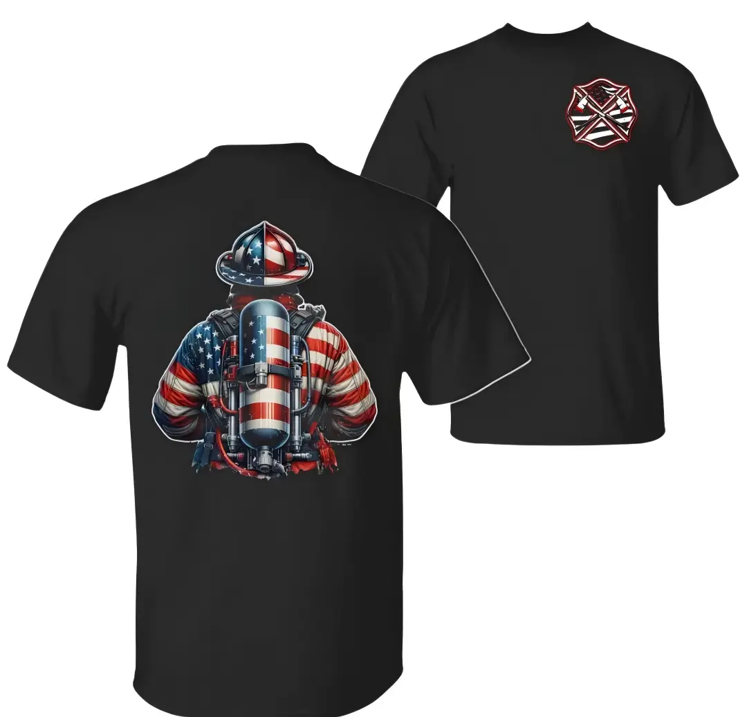 American Flag Firefighter T-Shirt, Firefighter Gear with Flag Graphic, Patriotic Fireman Tee, Support First Responders, Firefighter Apparel for Heroes,shop,women