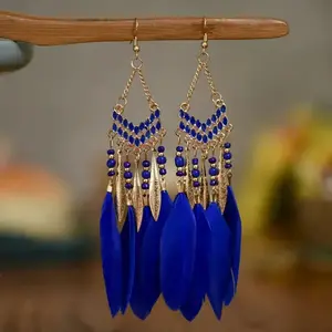 New Ethnic Feather Dangle Earrings For Women Bohemian Long Tassel Beads Drop Earring Girl Fashion Party Jewelry Accessories