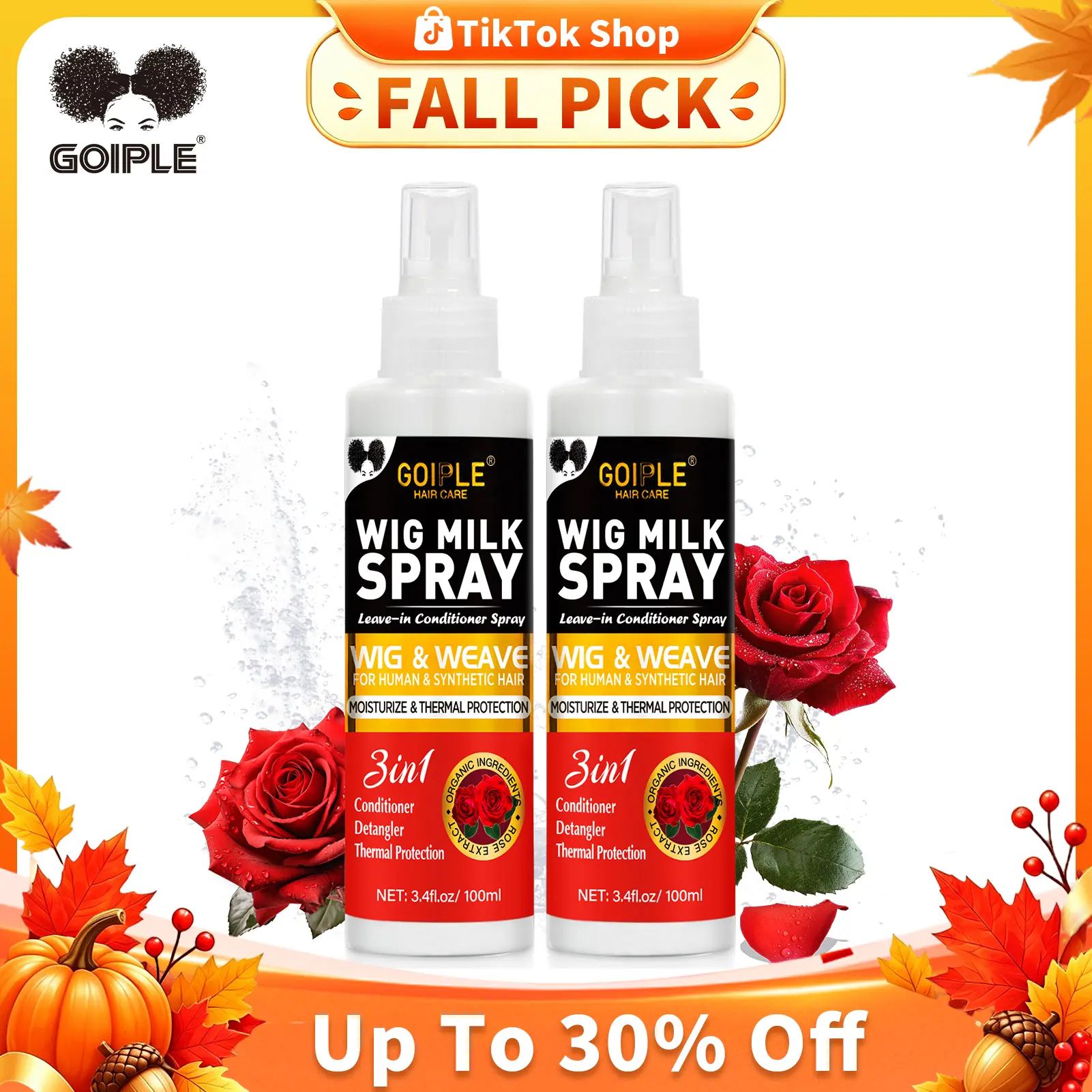 Goiple Rose Scent 3-in-1 Wig Milk Spray 100ml - Female Hydrating Haircare Conditioner, Detangler, Moisturizer, Anti-Frizz, Shine Boost for Human & Synthetic Wigs Daily Use