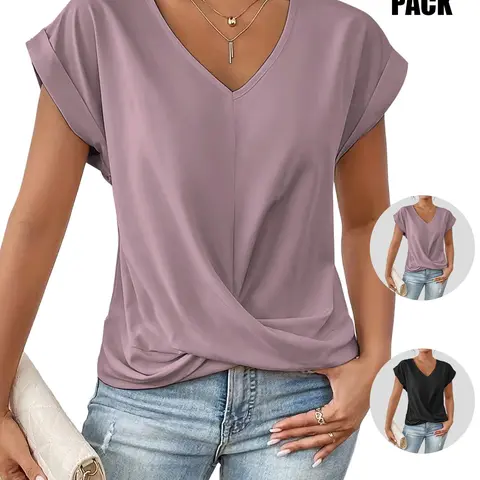 2026 Women's V Neck Twist Front Blouse, Sexy Ruched Waist, Short Sleeve, Casual Top, Minimalist, Fitted, Tummy Control, Leg-Lengthening, Office Shirt, Fashion Fitted Blouse