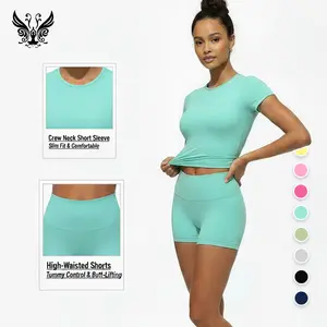 Yizhen Women's 2-Piece Bodycon Athleisure Wear Set, Soft 4-Way Stretch Breathable Activewear, Moisture-Absorbent Quick-Drying Athletic Sports Clothing, Round Neck Short-Sleeve Tee & Shorts for Yoga Tracksuit Set, Workout Running Clothes (Gym, Pilates) out