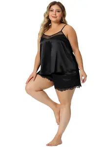 Agnes Orinda Plus Size Satin Lace 2 Piece Cami Shorts Set Pj Nightwear Black