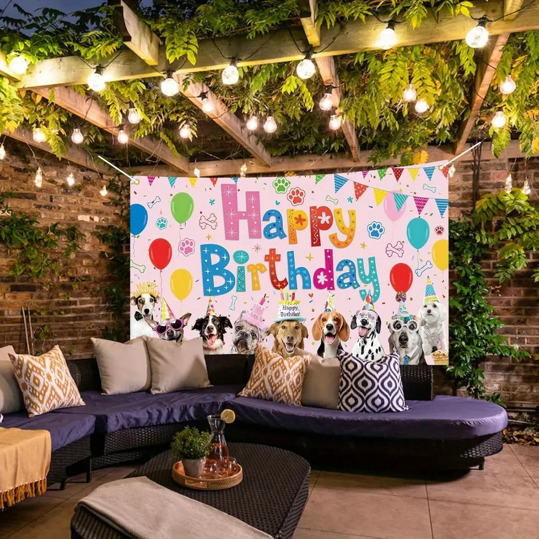 Dog Themed Happy Birthday Tapestry Backdrops & Banners - Durable Lightweight Soft Polyester Blend, Includes Glitter, Festive Look, Easy-Remove Hook Hanging, Indoor Wall Room Decor, Table & Pet Celebration Photography Supply, Decorative