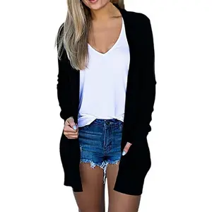 New Women Ladies Girls Solid Color Cardigan, Oversized Long-Sleeve Coat with Pockets, Black/Wine Red/Gray/Dark Gray/Pink