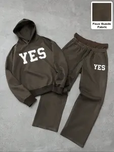 Men's Faux Suede Hoodie Set, Deep, 'yes' Letter Print, Loose Fit, Casual Fall & Winter
