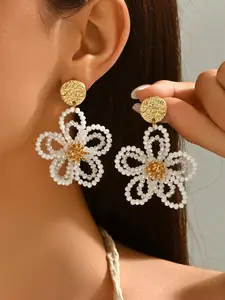 Handmade White Beaded Flower Drop Earrings, Elegant Floral Statement Earrings for Women, Gold Textured Stud Base, Lightweight Artisanal Design, Perfect for Weddings, Parties, Bridal Events & Daily Wear, Trendy Handcrafted Jewelry