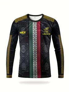 Mexican Men's Long Sleeve Soccer Jersey, Football Jerseys, Breathable Round Neck Sports Top with Aztec Pattern, Ideal for Football Matches & Casual Wear