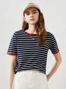 COMOBOCA Women's Striped Ribbed Contrast Trim Knitting Wear - Lightweight & Soft