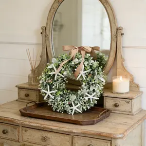Beach Theme Door Decor, Starfish Accented Eucalyptus & Lambsquarters Coastal Wreath, Bow, Nautical Style, All Seasons