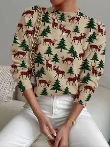 Women's Christmas Deer Plaid Knit Sweater, Casual Long Sleeve Fitted Top, Comfortable Warm Fall Winter Clothing, Versatile Daily Wear