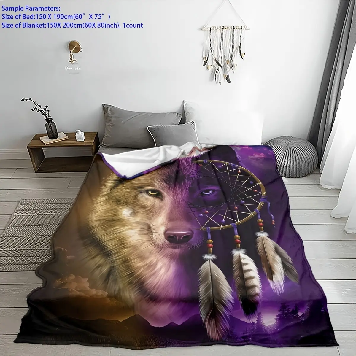 Dreamcatcher Wolf Fleece Blanket For Bed, 80x60in Dreamcatcher Fleece Throw Blanket For Women, Men And Kids Super Soft Plush Wolf Blanket Throw Fleece Blanket - King Size Blanket christmas gift ideas