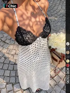 Black Polka Dot Print Lace Patchwork V-Neck Halter Backless Waist Tie Maxi Dress, Women's Spring/Summer , Elegant Vacation/Date/Wedding Guest, Minimalist Daily Wear