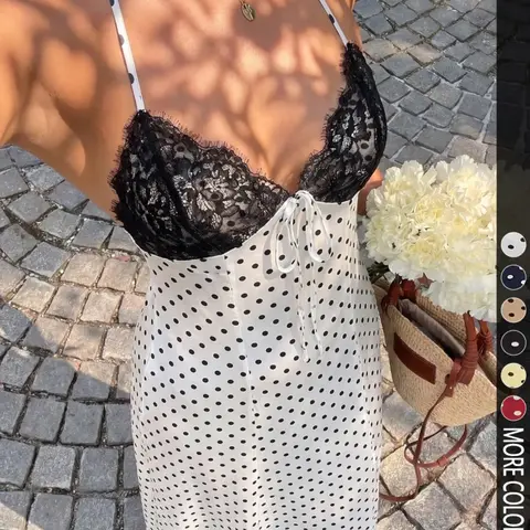 Black Polka Dot Print Lace Patchwork V-Neck Halter Backless Waist Tie Maxi Dress, Women's Spring/Summer , Casual Wear, Elegant Chic Boho Bohemian Vacation/Date/Wedding Guest, Minimalist Daily Wear, Boho Fashion