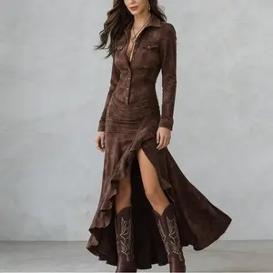 Winter Fall Slim-Fit Zipper Stand-Collar Maxi Dress – High-Slit Button-Front Long Dress, Versatile Daily-Wear Piece for Effortless Casual Outings