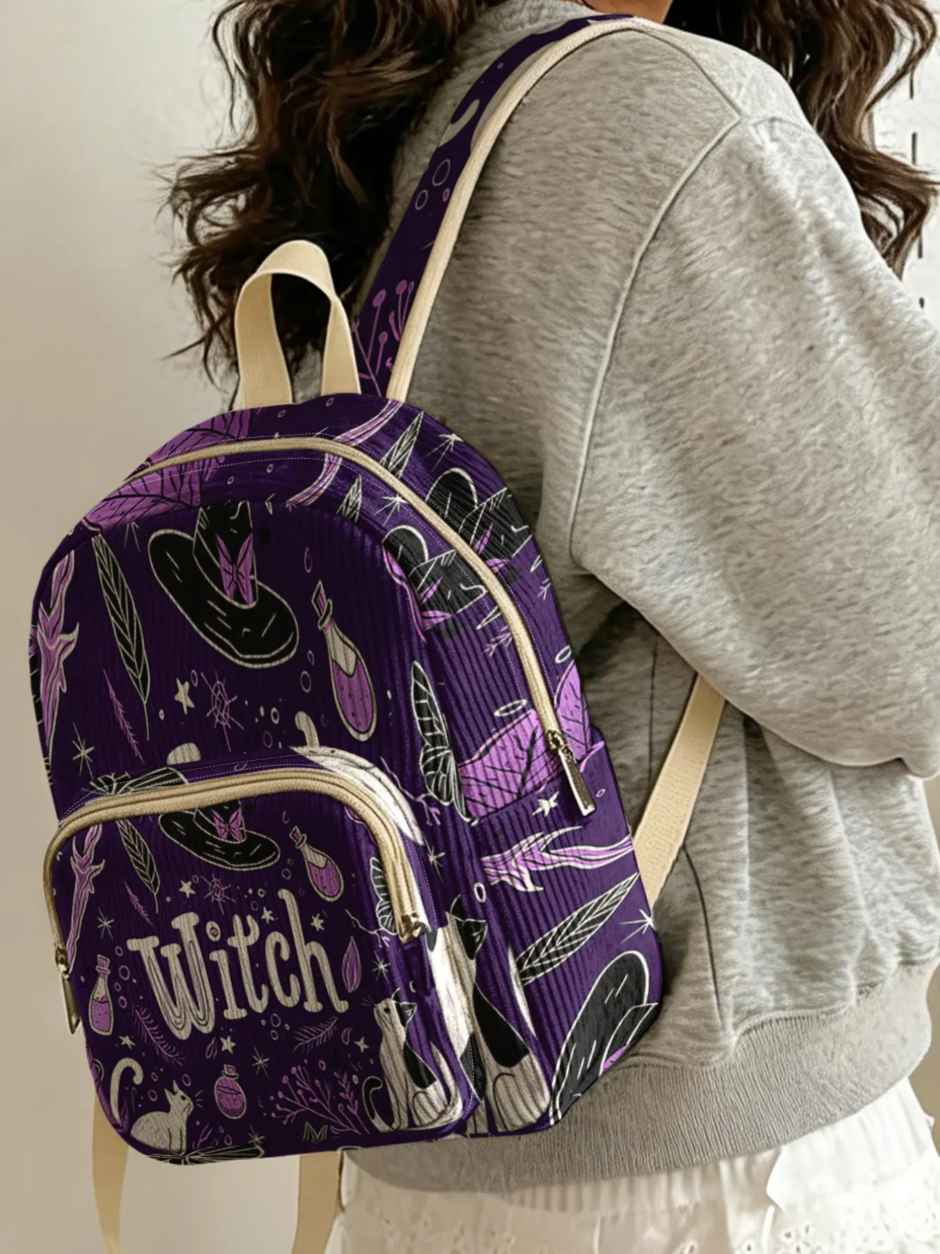 1 piece of Witch element 'Witch' 2D printed lady's backpack, corduroy texture + layered storage + light weight reduction | perfect for students to go to class/shopping/short trips | atmosphere and practicality combined