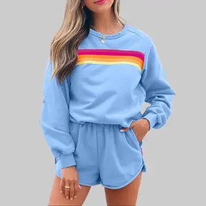 Pullover and Shorts T-shiirtand Shorts Two Piece Casual Set with Striped Accent,Long Sleeve Sweatshirts and Matching Pants Outfit Chic Womenswear for Everyday Suits
