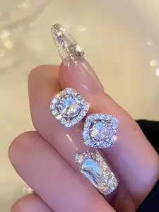 Shiny Rhinestone Decorated Bling Stud & Square Sequin Dangle Earrings, Trendy Hip Hop Style Jewelry, Perfect Gift for Anniversary, Birthday & Valentine's Day