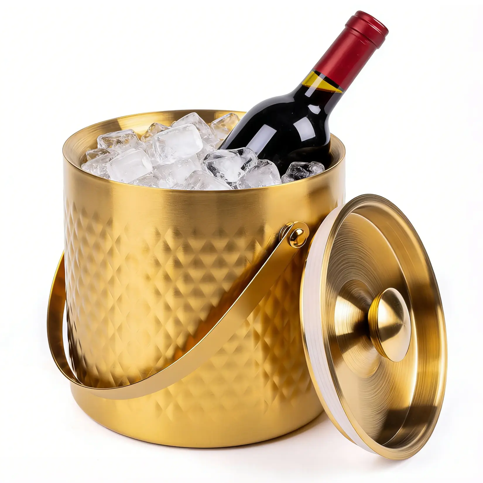 3L Gold Stainless Steel Ice Bucket with Lid & Scoop, Double-Wall Insulated Wine & Champagne Chiller, Diamond Pattern Metal Ice Pail with Handle, Safe for Food Use, for Bar, Party, Wedding, Patio, Home Decor