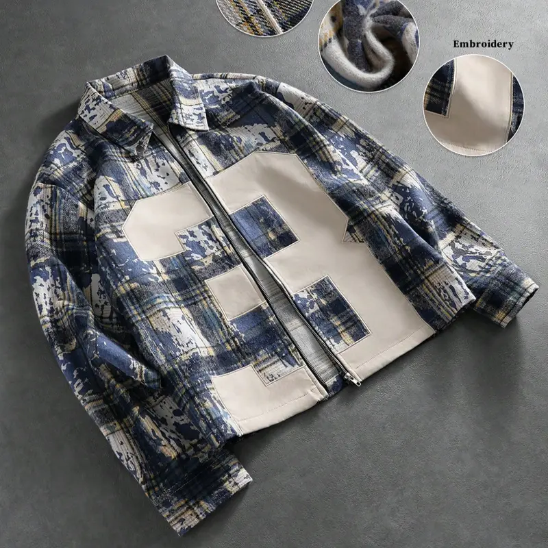 Unisex Street Style Aesthetic Plaid Checked Checkerboard Patchwork Colorblock Fitted Long Sleeve Zipper Fabric Shirt, Streetwear Trendy Design for High Street Culture, Y2K Retro Casual Wear, Fashion Color Block Shirts, Shirt Fit Top