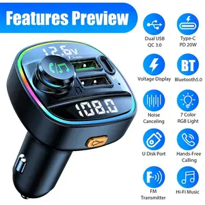 7 Colors LED Backlit USB Type C BT Adapter for Car, Dual Screen Display, Wireless Fm Radio, Handsfree Calling, Mp3 Music Player, FM Transmitter