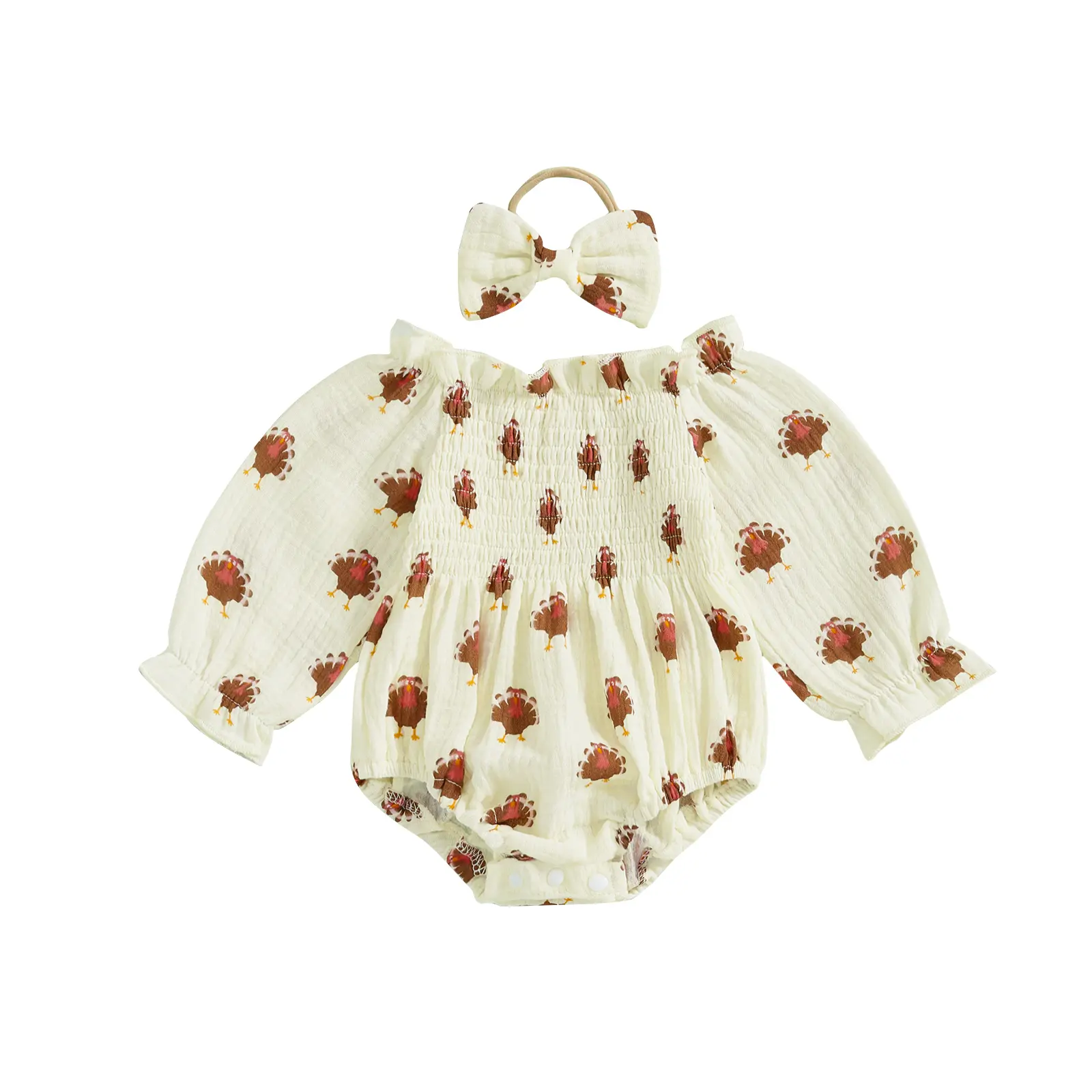 Newborn Baby Girl Thanksgiving Outfit Cute Turkey Romper Long Sleeve Ruched Bodysuit Baby Girl Fall Clothes