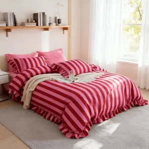 Striped Ruffle Bedding Set, Modern Bedding Set, 3 Piece Set Includes 1 Duvet Cover and 2 Pillowcases, Soft Comfortable Furniture for Home Bedroom Decor
