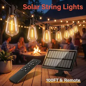 Solar Outdoor Decorative String Lights - Shatterproof LED ST38 Bulbs, Solar-Powered with Remote Control, Dimmable, IP65 Waterproof, Energy-Saving, 10m/30m (33ft/100ft) Lengths, Porch Flashing & Led Lighted Decorations, Decorative Decorative Lights
