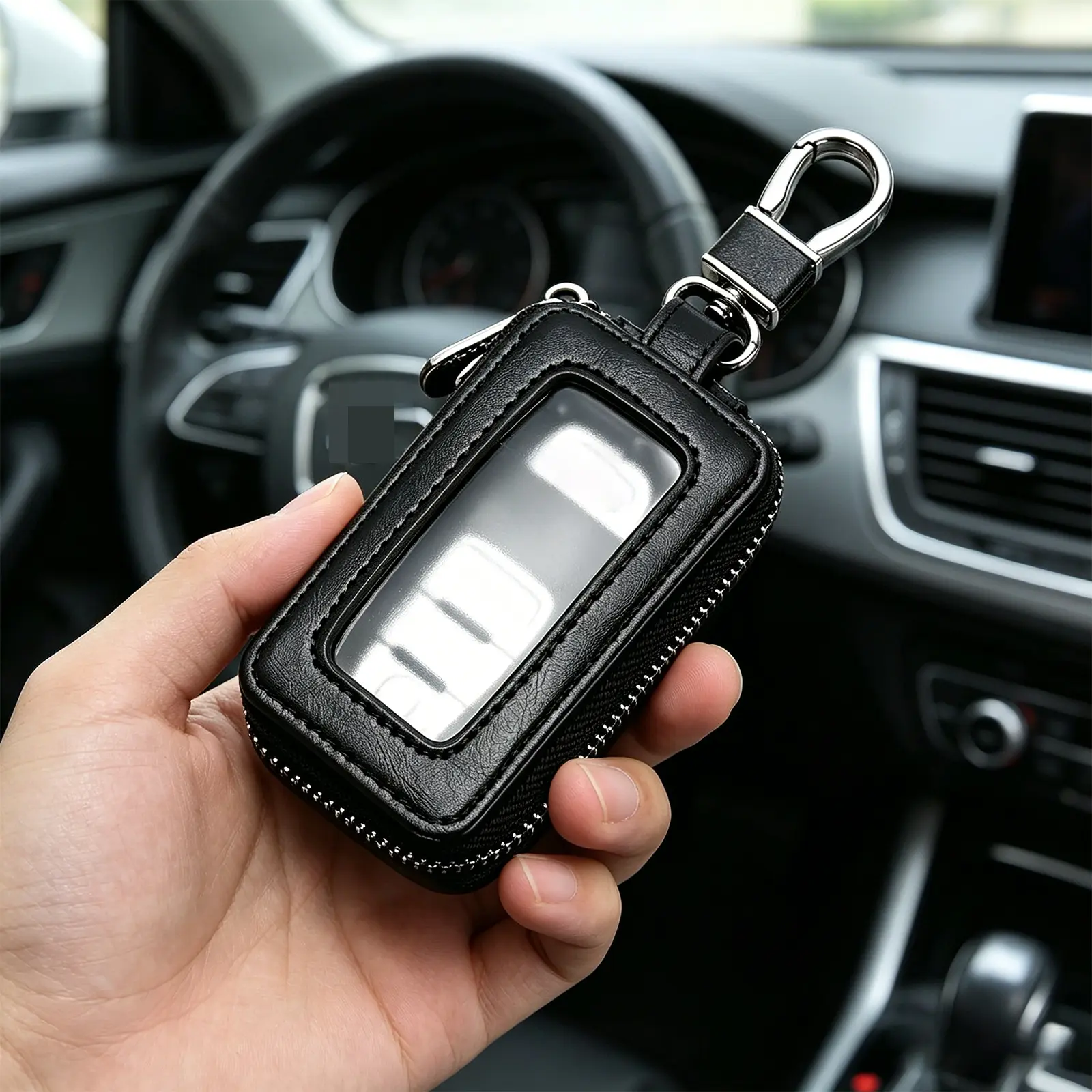 1Pc Black Car Key Case, Premium Mirror-Style Zipper Car Key Holder Bag with Key Ring, Universal Car Key Cover, Fashion Car Key Pouch for Men & Women, Pu Leather