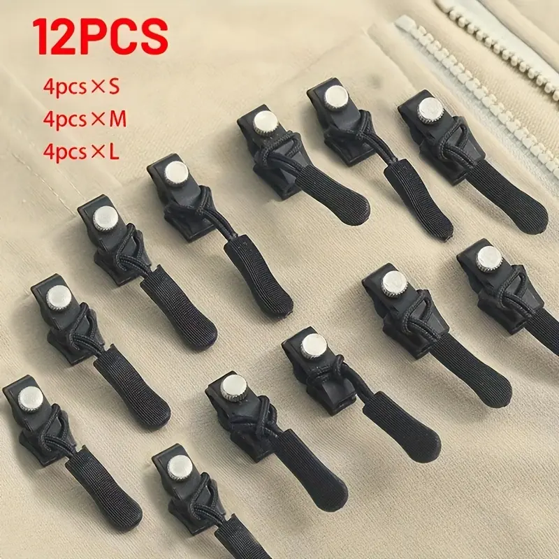 A set of 12 quick-release Reusable Durable Zipper repair kits, consisting of 4 small-sized, 4 medium-sized, and 4 large-sized kits, versatile sizes, suitable for various sizes of zippers used in clothing, luggage, backpacks, and other items