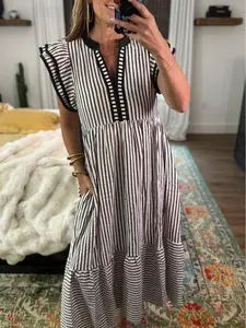 Women's Dressy Striped Modest Midi Dress - V-Neck, Shortsleeve Flutter Sleeves, Contrast Trim, Flowy Tiered, Feminine, Comfortable with Pockets - Teacher Work Dress fathersdaygift