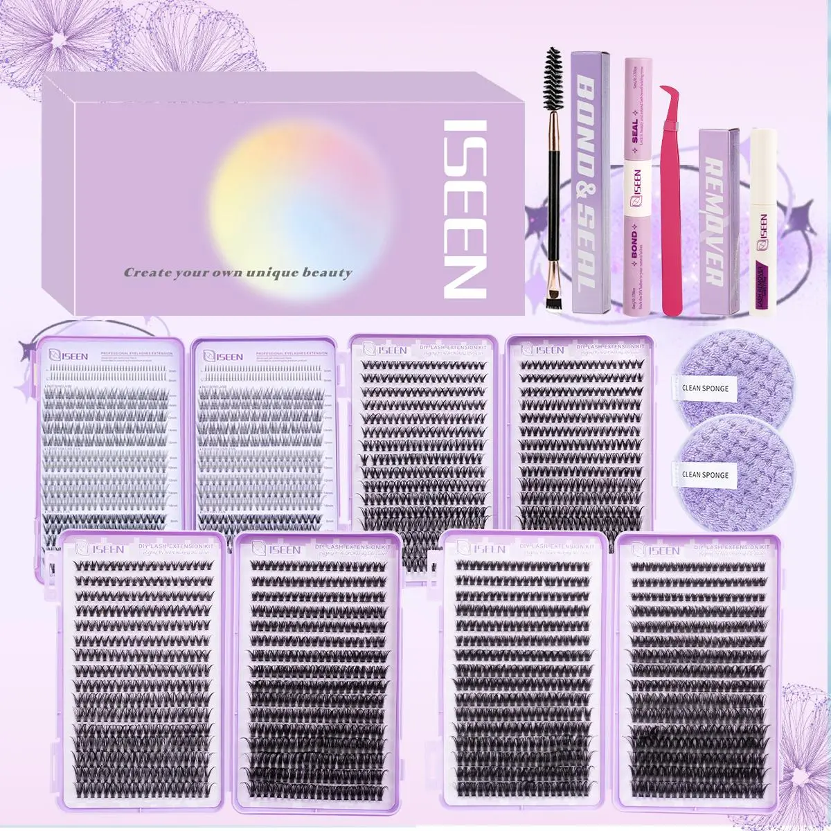 Mixed Length Eyelashes DIY Cluster Lash with Eyelash Glue & Eyelash Remover & Tweezers & Brush & Cleaning Puff, Professional Eye Makeup Accessories for Women, Eyelash Extensions Kit, Eyelash Set, Cosmetic