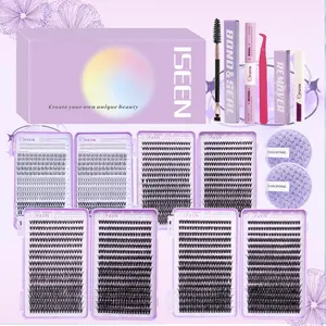 Mixed Length Eyelashes DIY Cluster Lash with Eyelash Glue & Eyelash Remover & Tweezers & Brush & Cleaning Puff, Professional Eye Makeup Accessories for Women, Eyelash Extensions Kit, Eyelash Set, Cosmetic