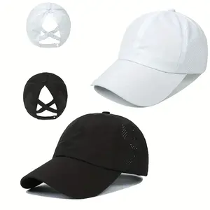2 Pieces Black and White Solid Color Quick Dry Cross Ponytail Hat Women's Baseball Cap, Unisex High Side Opening Messy Ponytail Breathable Mesh Trucker Hat, Adjustable Sun Hat with Ponytail Hole, Summer Sports Hat