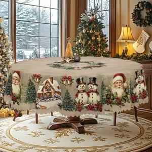 1pc Retro Wooden Pattern Christmas Themed Print Tablecloth - Rectangle Table Cover with Santa Claus, mantel para mesa de comedor, Xmas Decor, Holiday Party Indoor Dining Decor, Round Table Cloth, Festive Home Kitchen Accessory Gifts