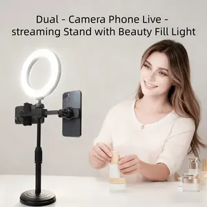 16-in Circular Full-Screen Desktop Fill Light with Dual Camera, Multi-Angle Adjustable Telescopic Beauty Lighting Accessory for Indoor Selfie, Mobile Live Streaming, Accessories