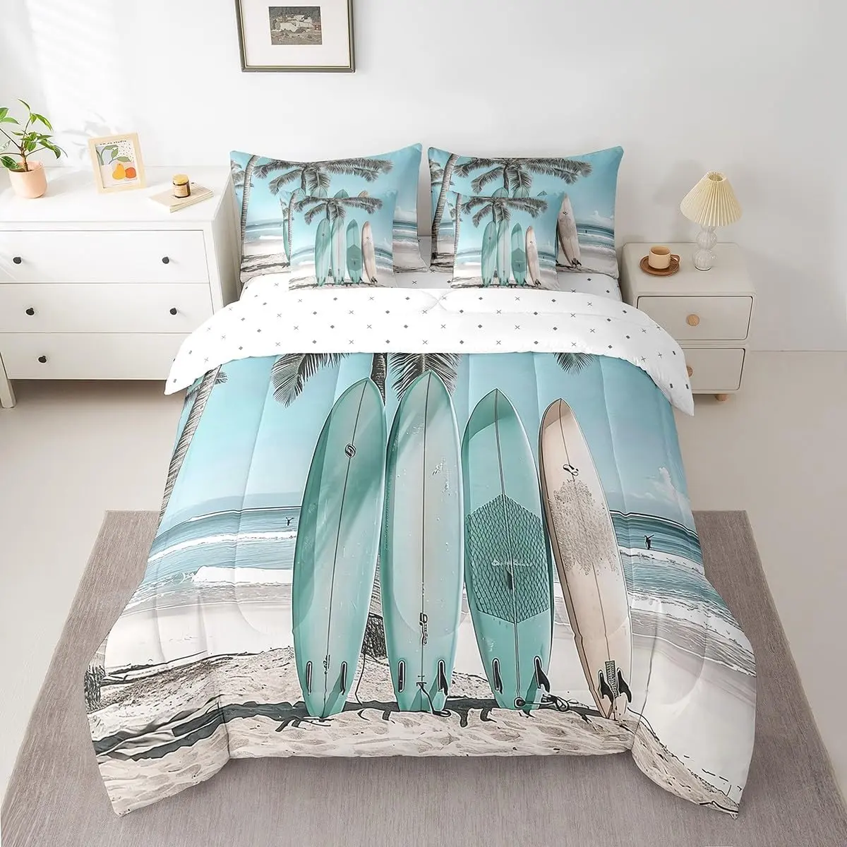 7 Pieces Summer Beach Comforter Set,Sea Beach Surfboard Bedding Set,Tropical Palm Tree Bed in A Bag with Comforter,Fitted Sheet,Flat Sheet and Pillowcases,Room Decor