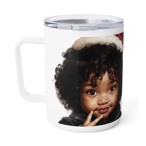 Printify 10oz Double Wall Insulated Stainless Steel Tumbler - Portable Glossy Beverage Drinkware with Lid, Merry Christmas Sip Mug, Gift for Black Boys, Stocking Stuffer
