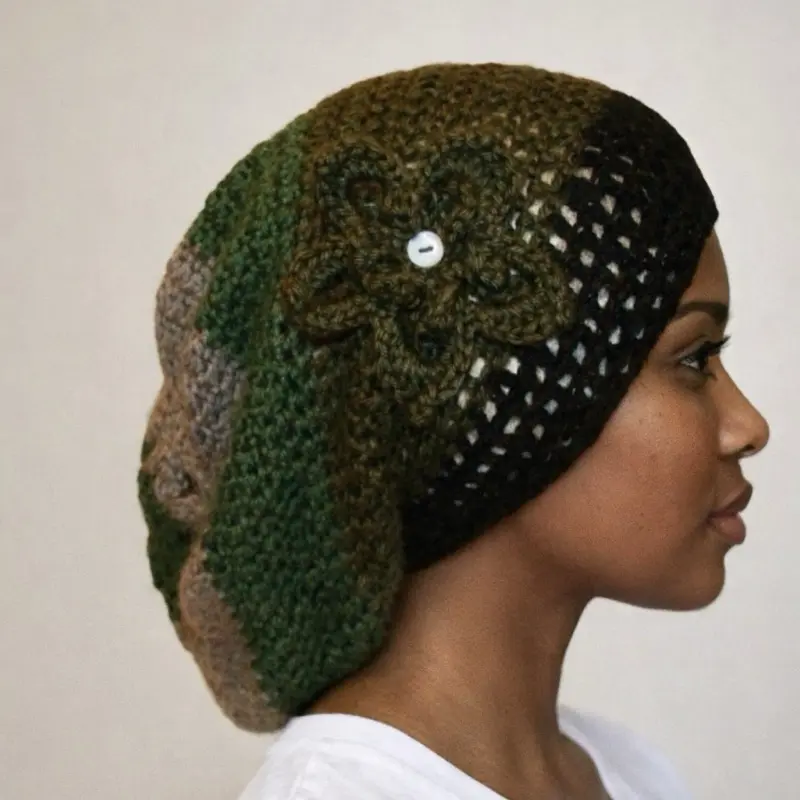 Handmade Crochet Slouchy Beanie with Flower Accent – Earth Tone Green & Beige Boho Hat