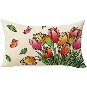 Tulip Flower Lumbar Decorative Throw Pillow Cover 12 x 20, Spring Summer Floral Rectangle Cushion Case Decor, Butterfly Seasonal Home Decoration for Sofa Couch