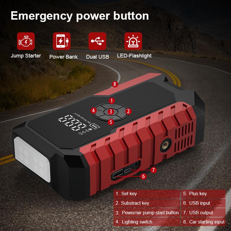 10000mAh Portable Jump Starter with Air Compressor 150PSI 12V Car Battery Jump Box for 8L Gas & 6.5L Diesel Engines Wireless Safe Clamps for Easy Use