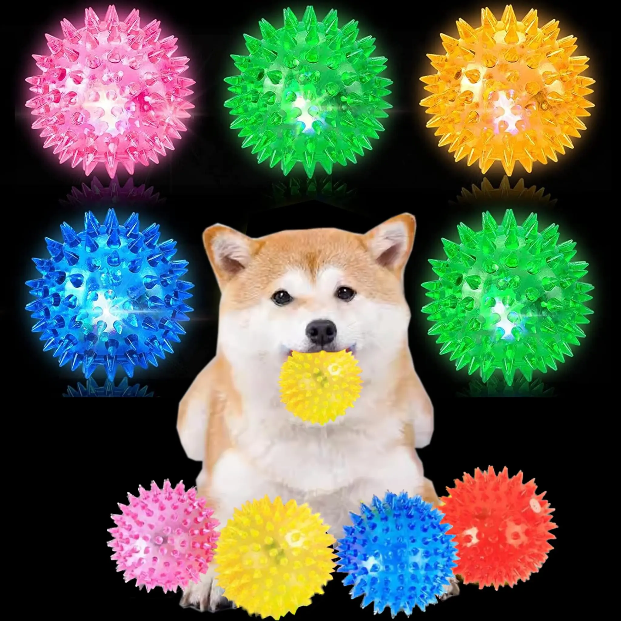 Set of 6 Soft Oral Friendly Spike Flashing Light Up Squeaky Bounce Balls for Pets Dog Cat (Medium)
