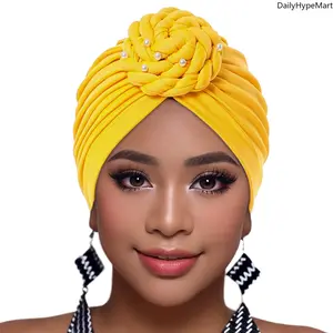 Floral Knotted Headwrap - Swirl Twist Turban with Pearl Decor, Soft Daily Head Cap for Women's Fashion Accessories