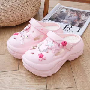 Trendy Women's Platform Clogs with Chunky Sole, Cute Removable Charms, Non-Slip Cushioned Sandals for Summer Beach, Indoor & Outdoor Casual Wear