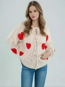 Casual Heart Tie Knitted Cardigan, Stylish Women's Open Front Sweater for Comfortable Everyday Wear, Perfect Layering Piece