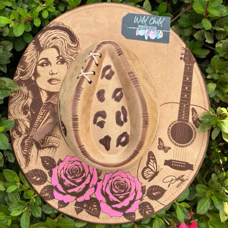 Dolly Custom Burned and Painted Hat.   Includes design as shown, hat band and feathers.