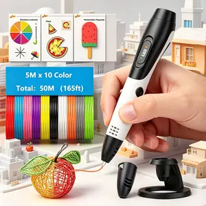 Upgraded 3D printing pen without clogging head, 10 colors * 5 meters (165 feet) of PLA filament, 1.75mm diameter, simple operation, smooth extrusion, high configuration, professional heat-resistant pen cap, 8 picture books + copy version + bag.